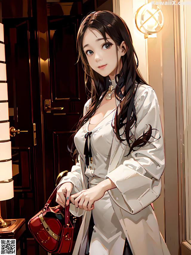 A woman in a white robe holding a red purse.