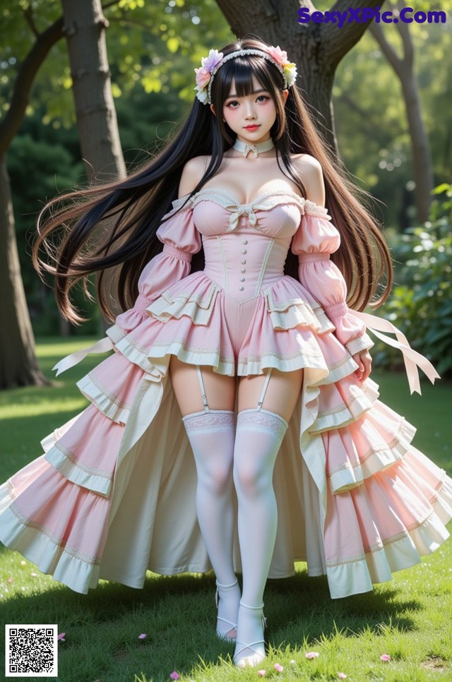 A woman in a pink dress is posing for a picture.