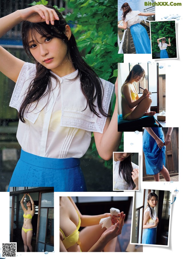 A collage of photos of a woman in a white shirt and blue skirt.
